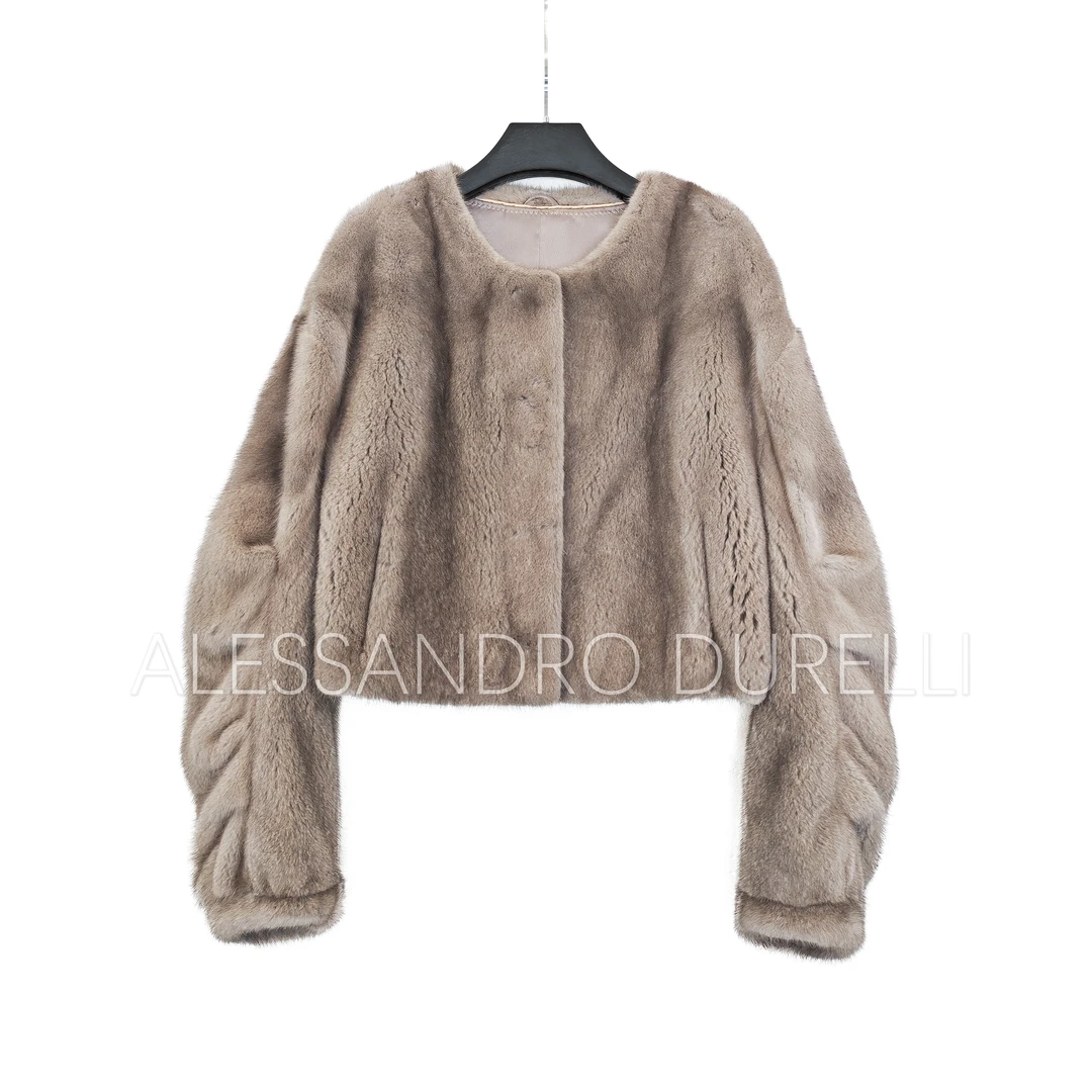 进口水貂圆领皮草女士短款长袖外套1161