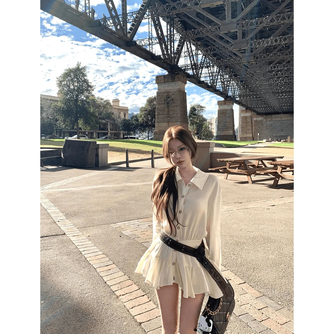 气质收腰大裙摆长袖衬衫裙百搭短裙