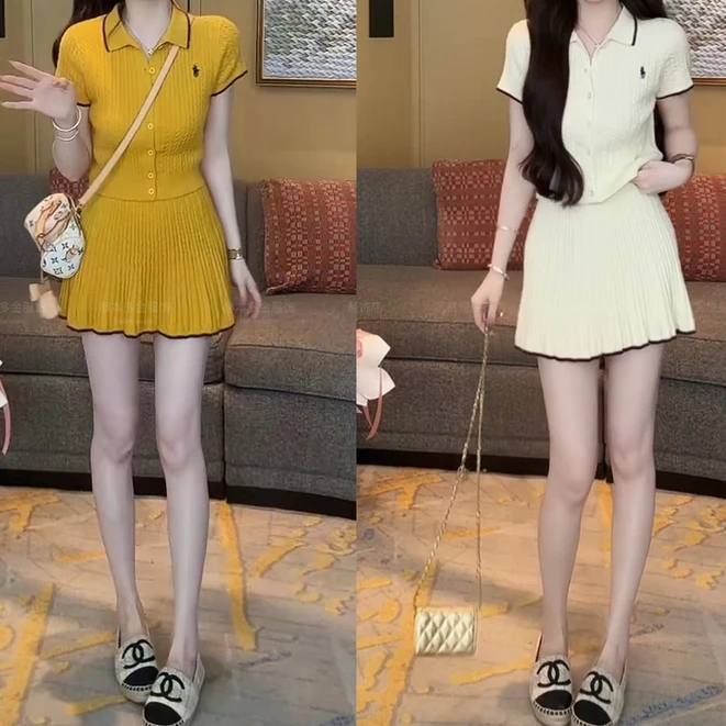 多巴胺服装女2025夏季新款时尚洋气POLO领针织短袖上衣半身裙套装