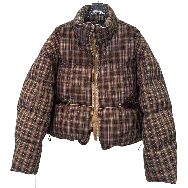 新国标羽绒服女韩系复古格子立领短款加厚保暖面包服羽绒外套