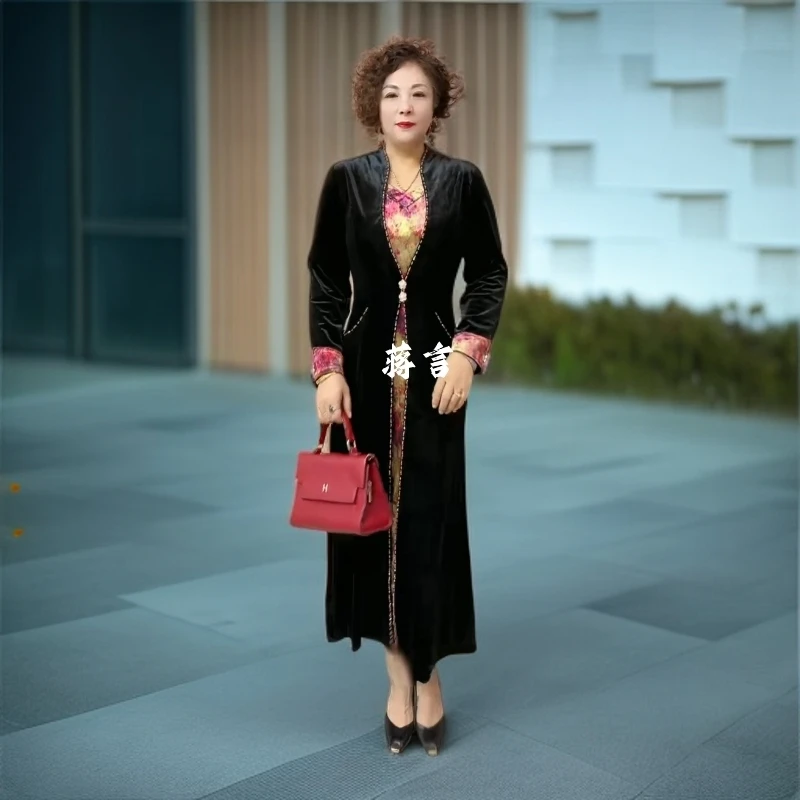 喜婆婆春秋长袖时尚大码V领丝绒连衣裙中老年妈妈装气质长裙打底