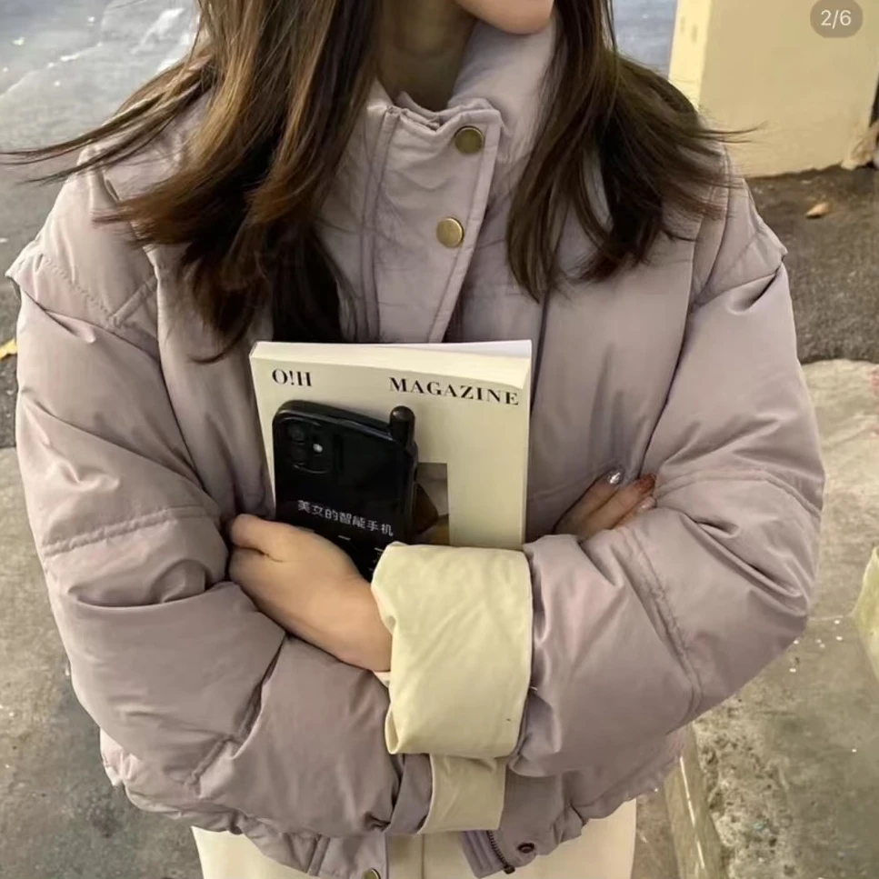 韩系简约冬季小个子短款立领撞色50白鸭绒保暖羽绒服面包服