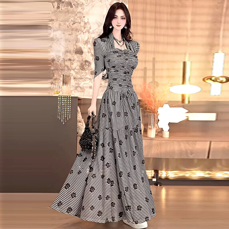 春夏季时尚定制印花抽皱过膝长裙2025新款女神范度假风连衣裙