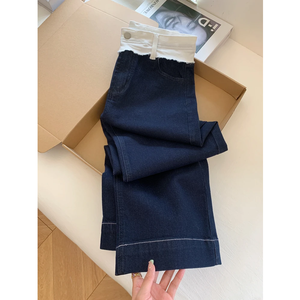 韩系卷边拼接设计感气质高腰通勤网红款阔腿牛仔直筒裤小个子女装