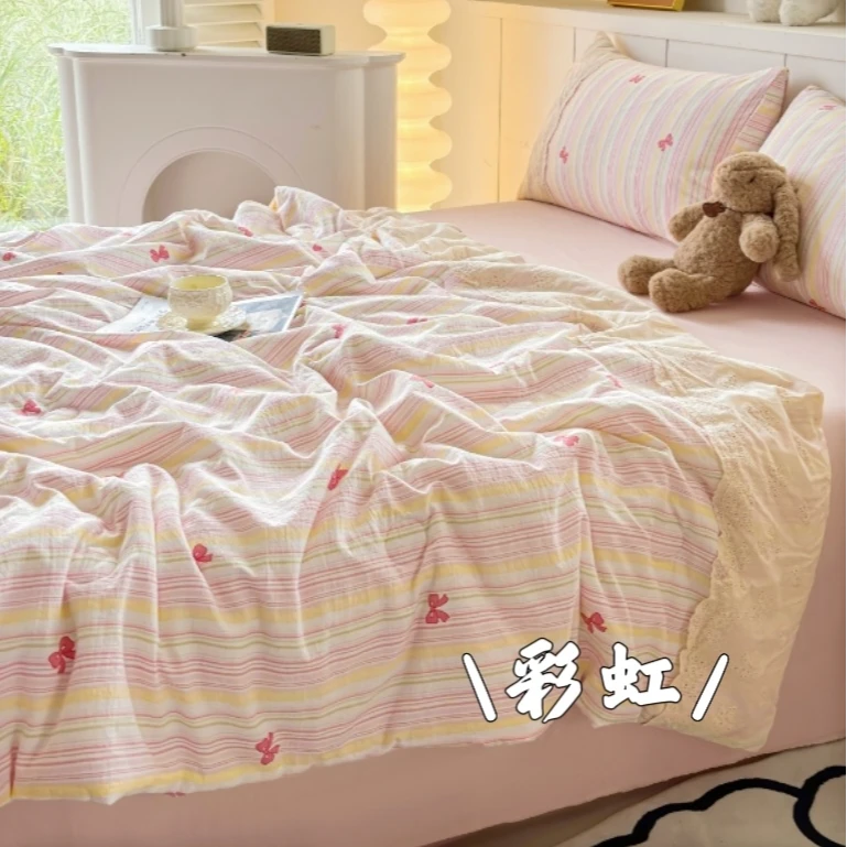 双层纱床单款蕾丝边夏被夏凉被空调被四件套372彩虹