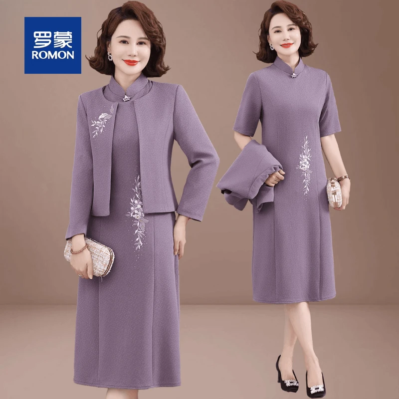 罗蒙喜婆婆婚宴装礼服套装新款中老年女高贵妈妈秋装连衣裙两件套