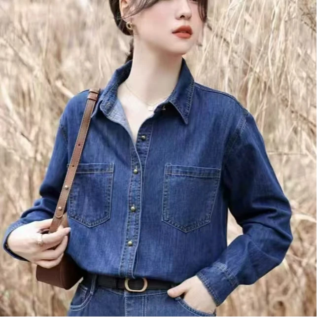 秋季新款牛仔衬衫女叠穿百搭小众设计感复古港味宽松长袖