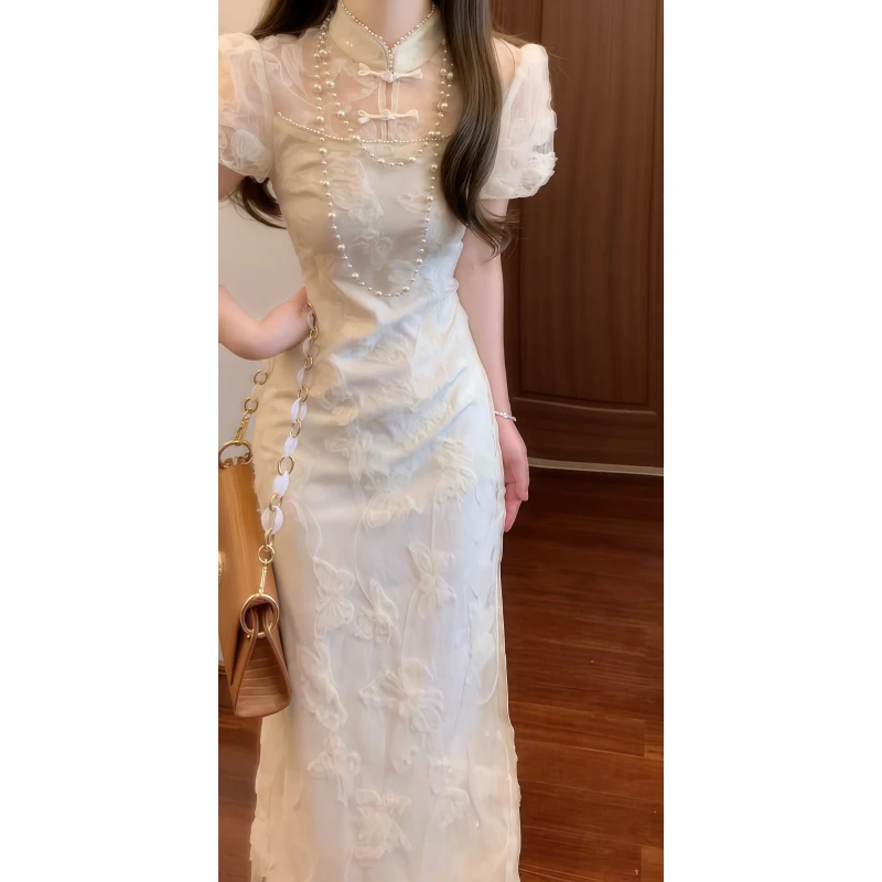 【现货】新中式国风重工改良旗袍连衣裙泡泡袖仙气订婚礼服长裙9433