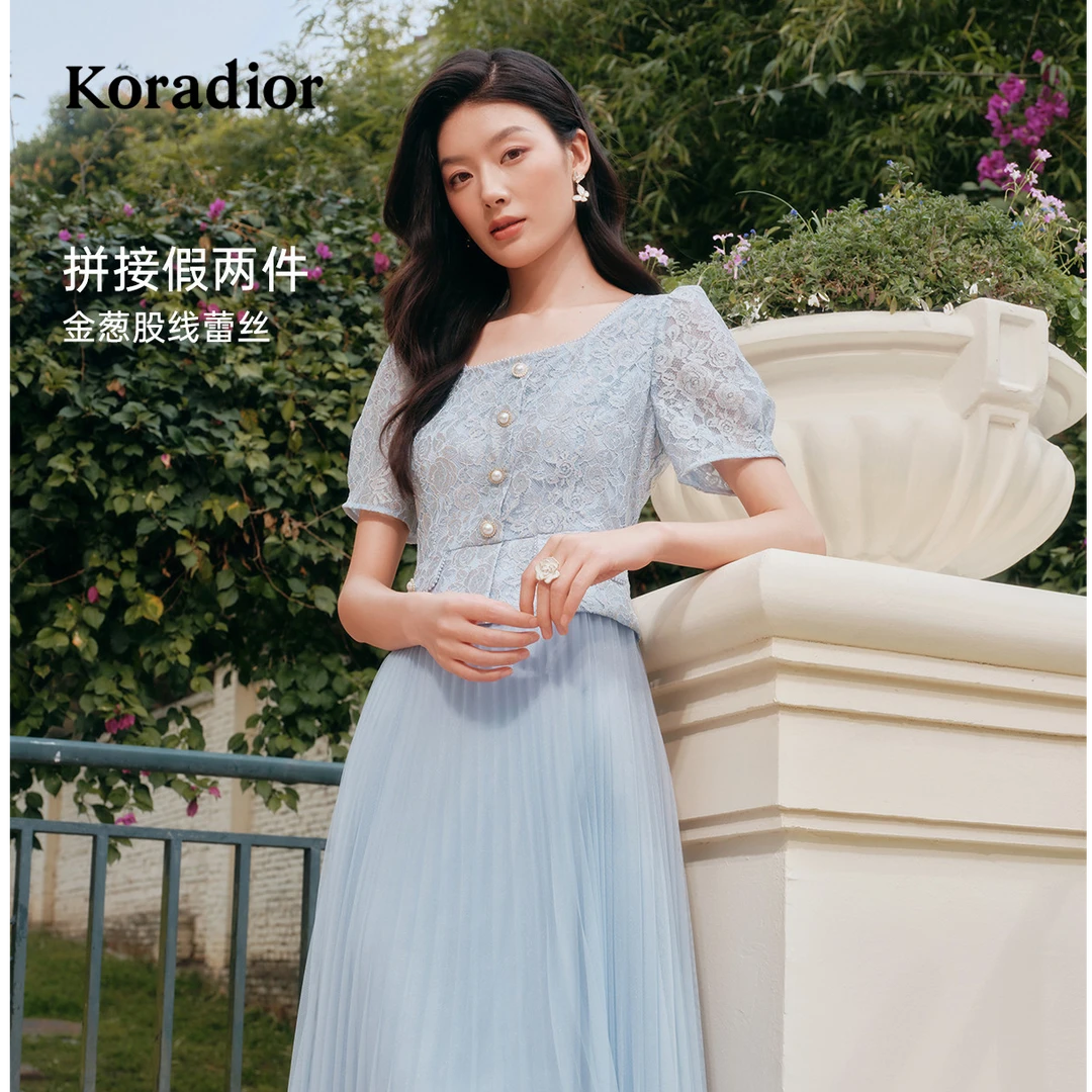 【晨粉专享价】珂莱蒂尔2025年夏新款气质蕾丝拼接纱裙女优雅连衣裙