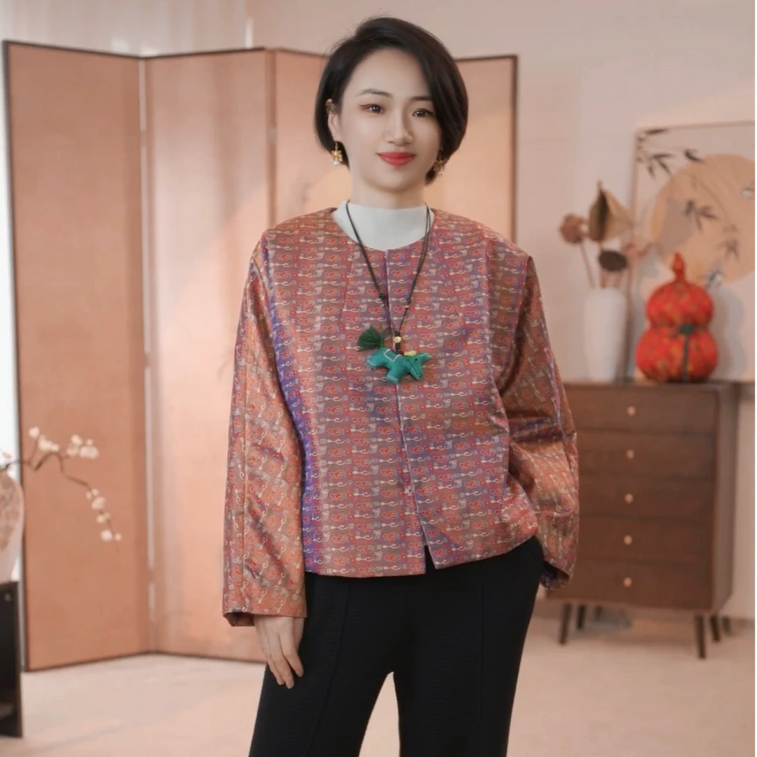 【王侯合婚】韩如艺新中式桑蚕丝蜀锦花苞领圆领j减龄款夹棉外套