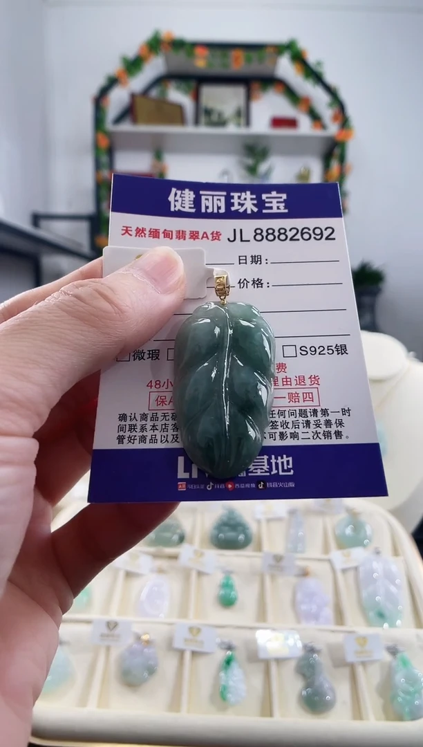 颈饰18K金镶嵌翡翠天然缅甸翡翠 金枝玉叶(一物一证)+银链