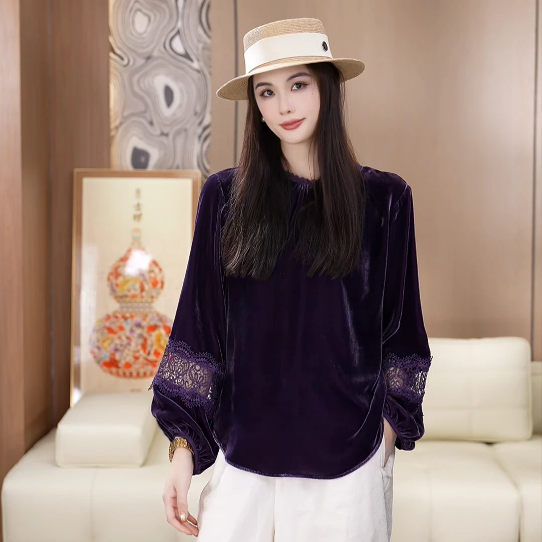 芭蕾舞袖口蕾丝真丝丝绒圆领设计复古显瘦长袖衬衫A050729