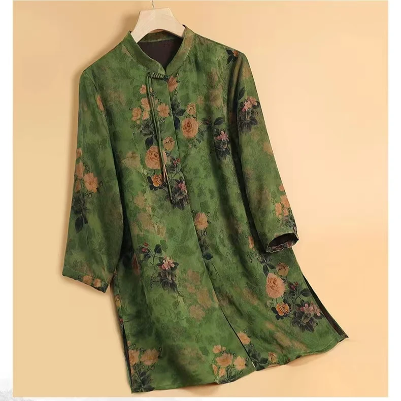 桑蚕丝重磅香云纱双面提花新中式国风长款气质上衣外套风衣8066