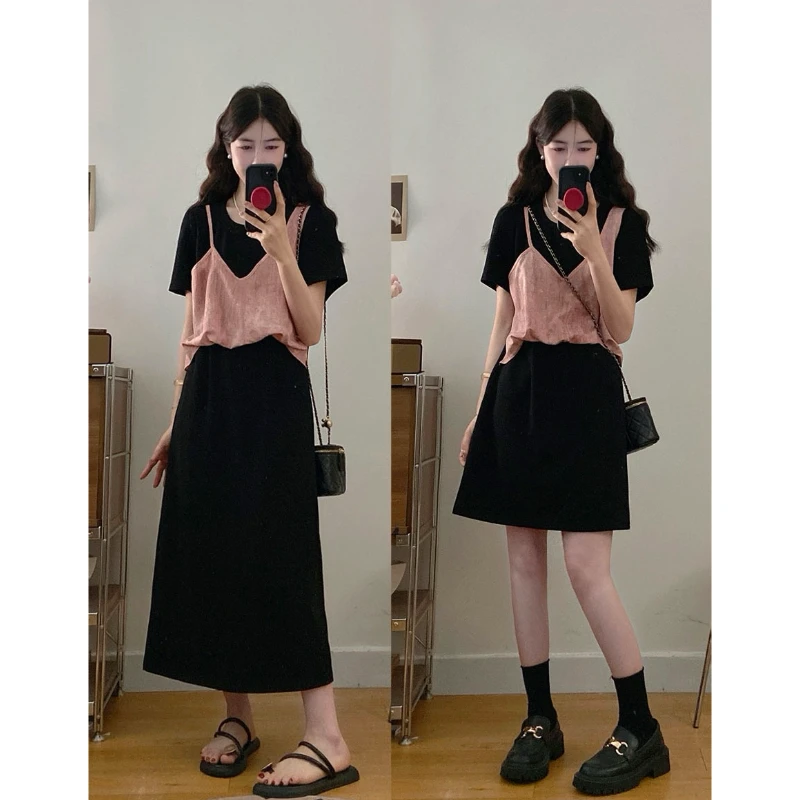 大码女装假两件洋气减龄连衣裙胖MM夏季新款显瘦小众闺蜜长短裙子