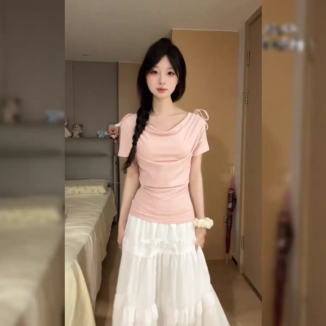 一字肩黄色短款修身打底衫上衣2025夏季新款正肩短袖法式T恤女装