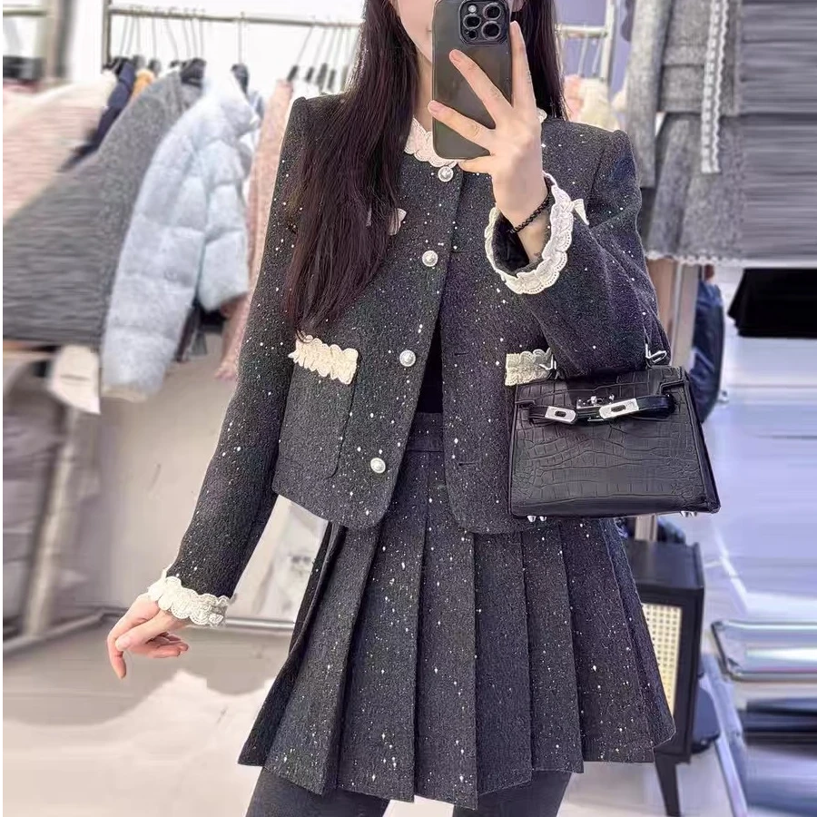 轻奢推荐冬季花边高级感小香风百褶裙套装女加厚外套气质千金风