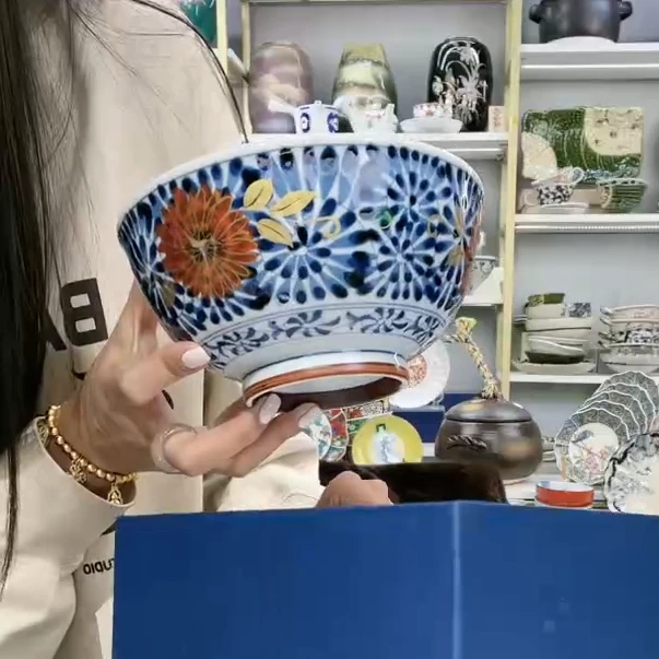 【单支】日本进口和蓝彩绘蓝凛堂面(丼)碗16.5cm-蛸唐草