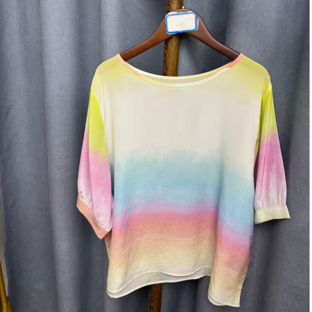 秋季新款休闲时尚圆领桑蚕丝短袖上衣女H573