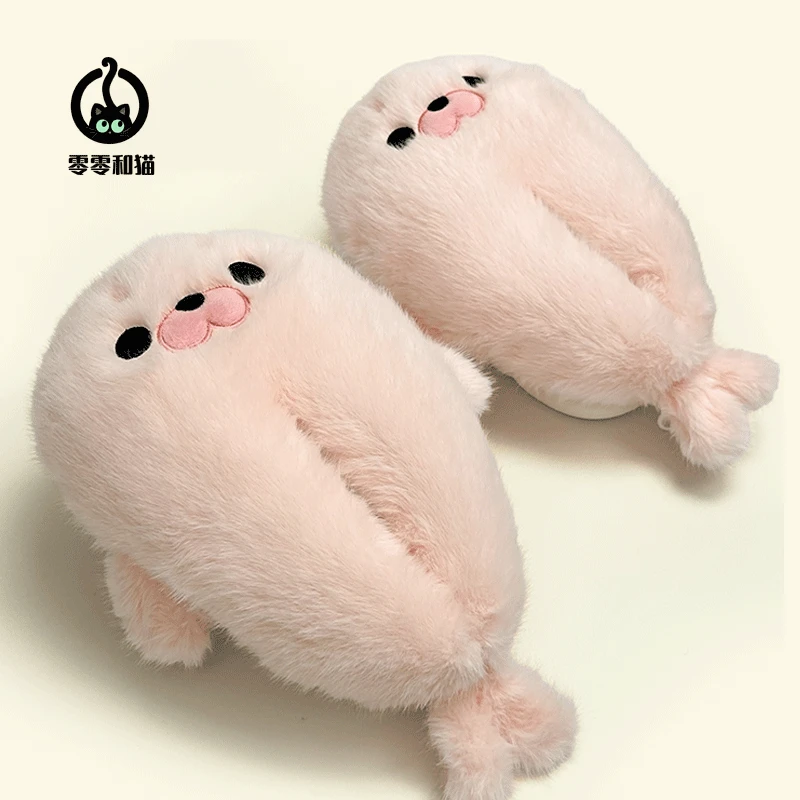 零零和猫可爱卡通海豹家居室内防滑可外穿棉拖鞋女保暖居家棉拖