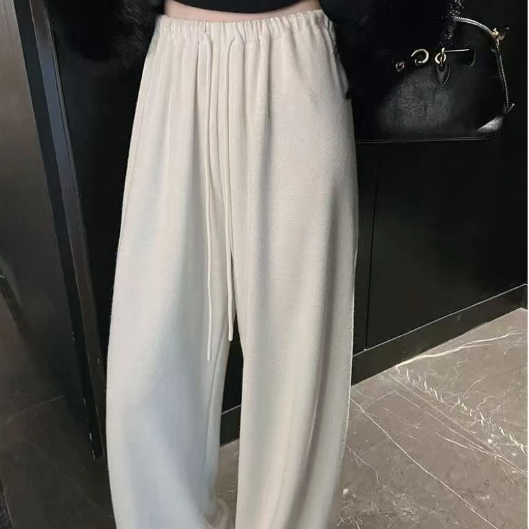 轩铒自留复合垂顺慵懒高腰阔腿裤毛巾休闲裤