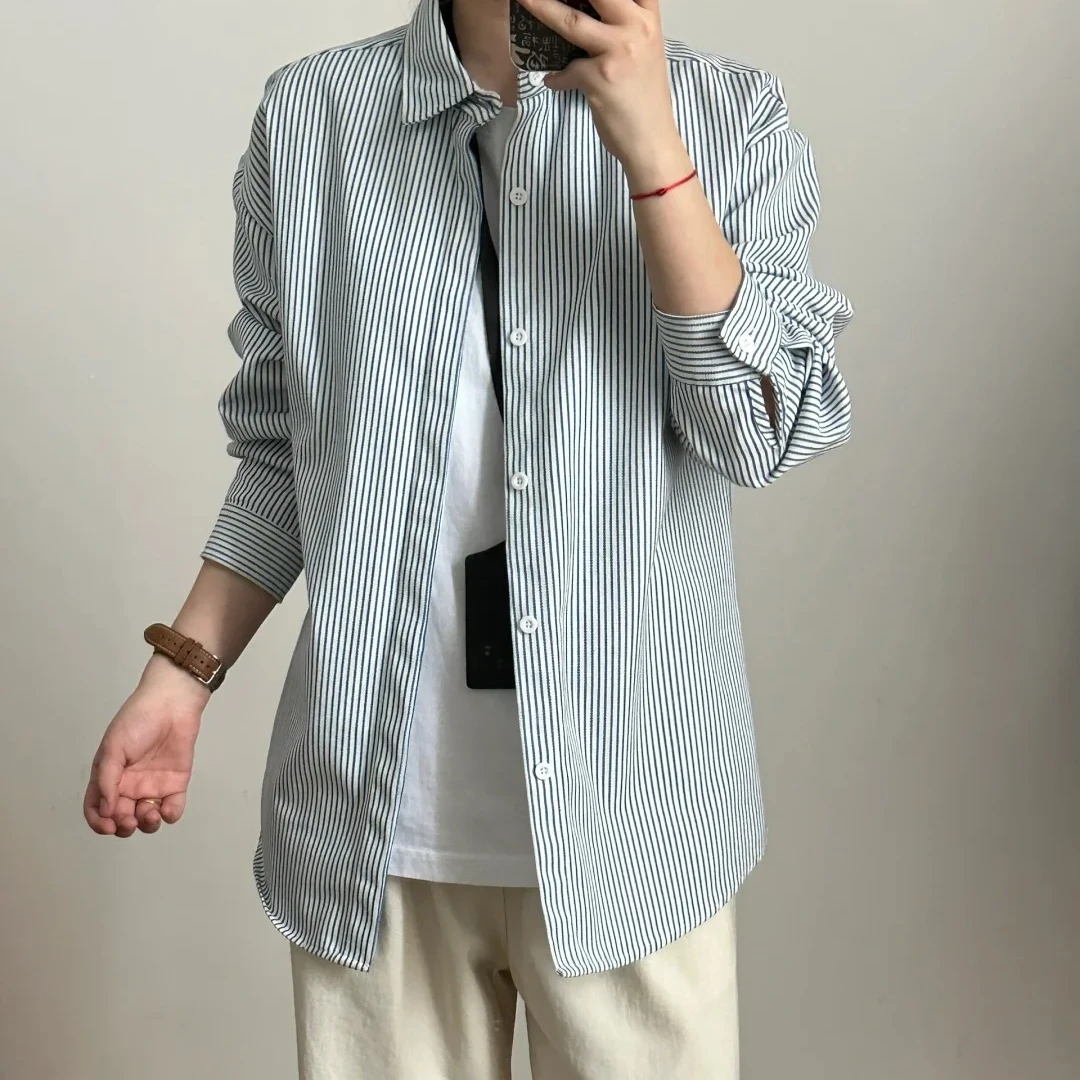 叠穿重磅黑白条纹衬衫纯色外穿短袖宽松浅蓝外穿显瘦男士衬衫外套