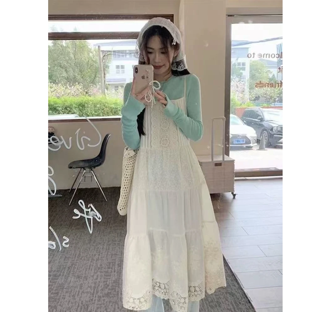 047-法式蕾丝吊带连衣裙海边度假温柔风叠穿长裙➕打底套装