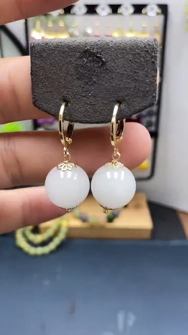 和田玉银S925镀金镶嵌耳饰尺寸14mm耳扣55