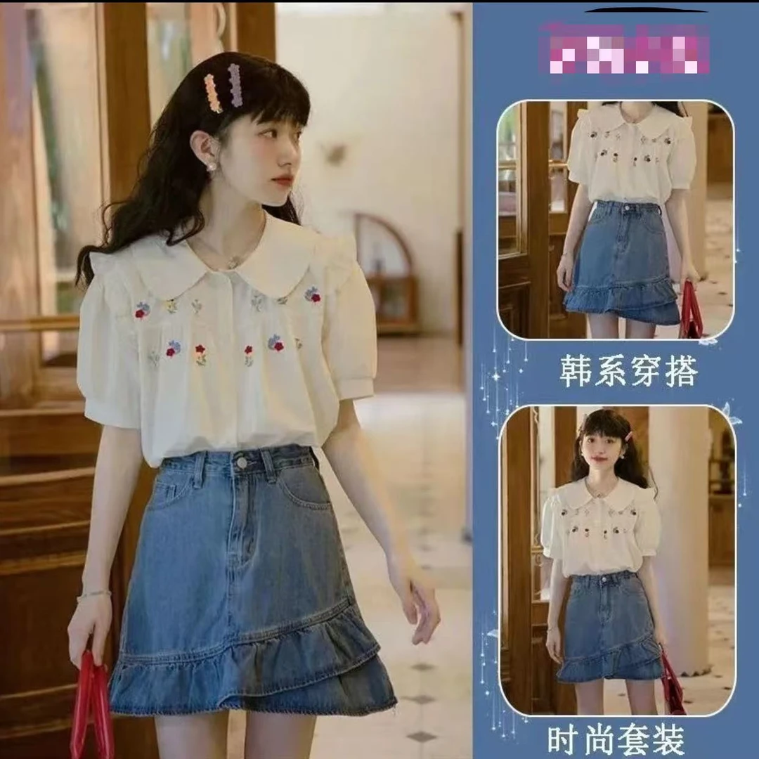 两件套装夏娃娃领衬衣绣花短袖衬衫+荷叶边裙摆牛仔A字短裙19955