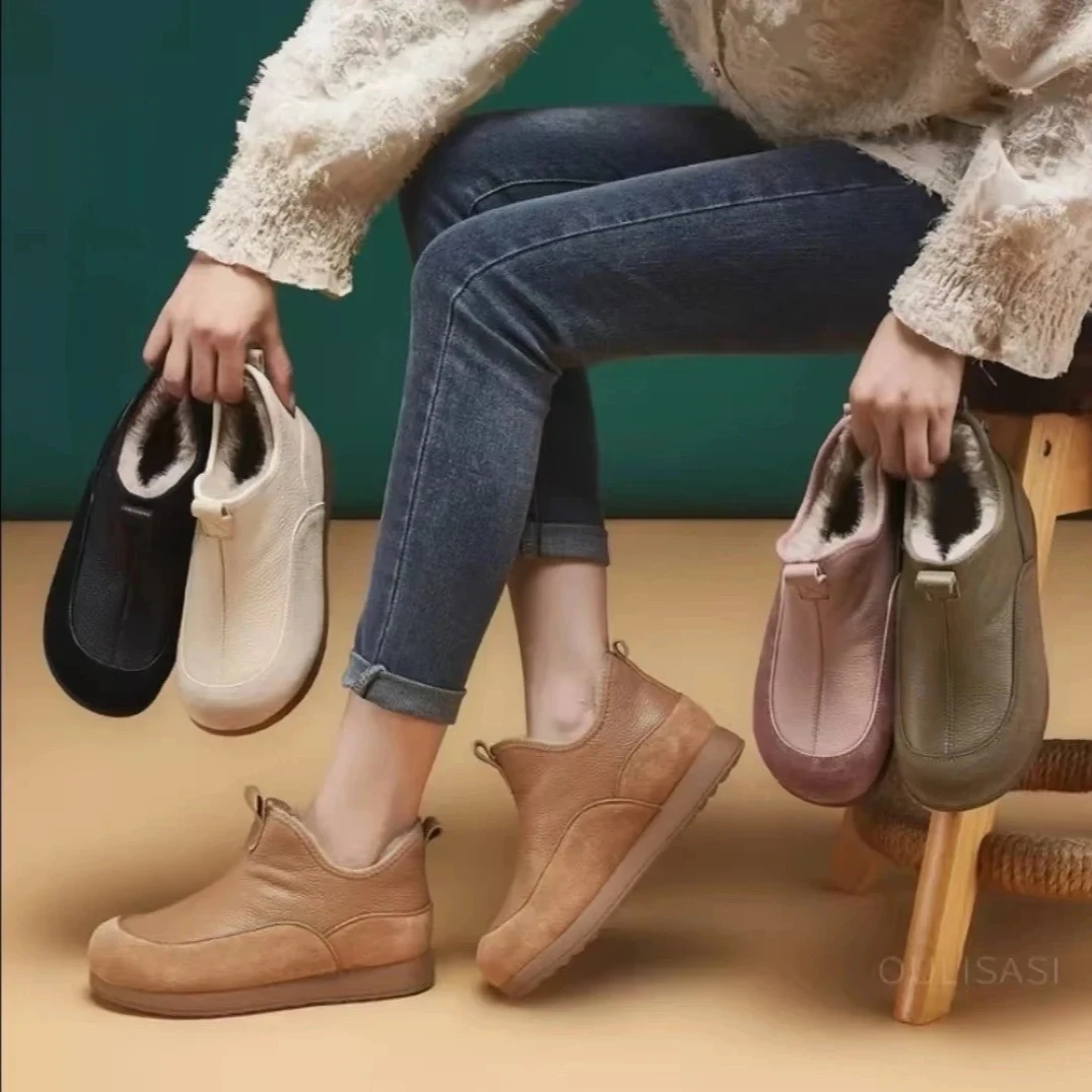 2026秋冬季新款3公分皮面加绒加厚一脚蹬保暖棉鞋雪地靴女
