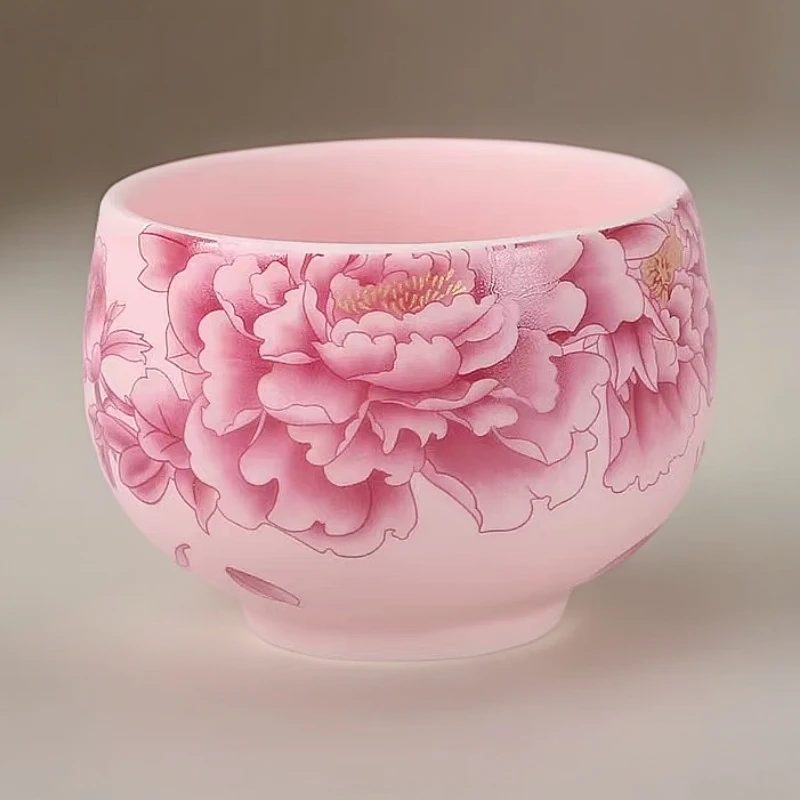 粉色汝窑牡丹花女士主人杯汝瓷大号情侣对杯个人杯罗汉杯品茗杯