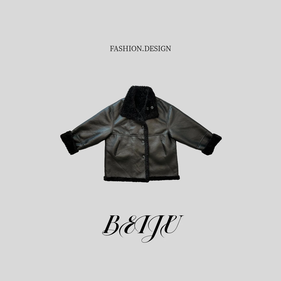 BEIJU【黑色幽默】复古机车风毛领夹克双面双穿长袖短外套女6854