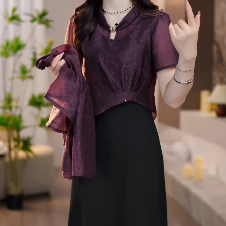 2025夏款深紫色小立领罩衫+黑色修身简约时髦背心裙两件套