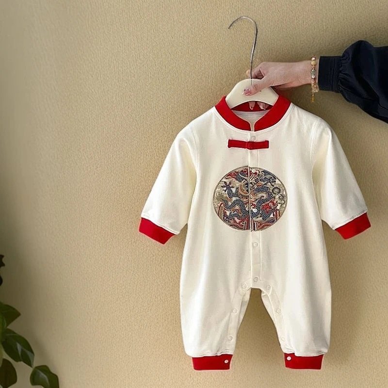 婴幼儿一周岁春秋款男女宝宝中国风抓周礼服满月百天外出连体衣服