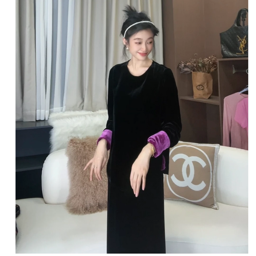 真丝丝绒袖子拼接撞色上衣 显瘦高级长袖女