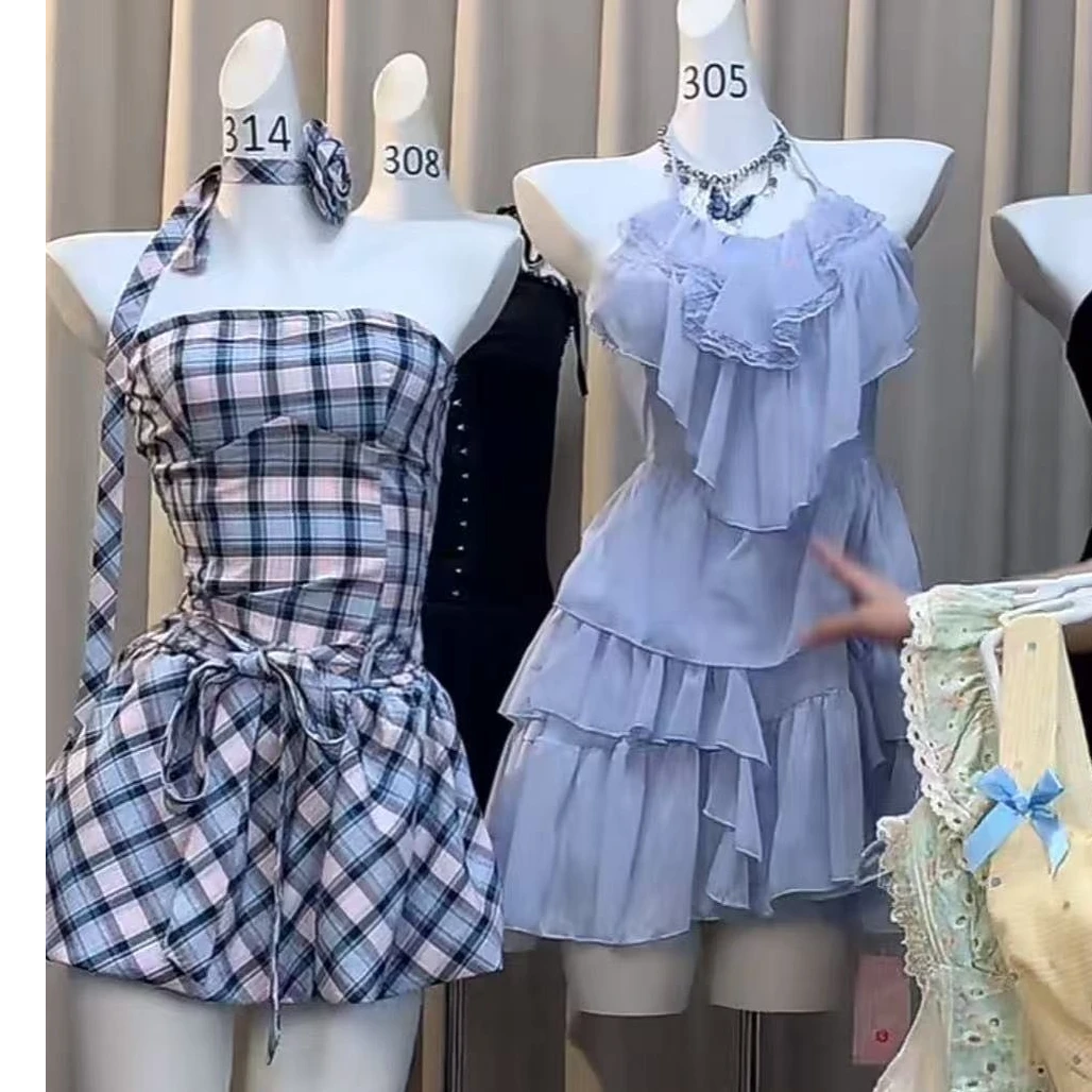 辣妹款抹胸裙小个子短款花苞裙格子洋气时尚连衣裙蓬蓬裙