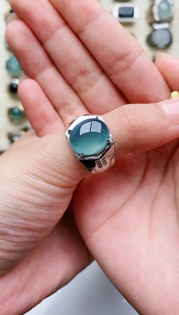 翡翠戒指银S925镶嵌天然翡翠男戒