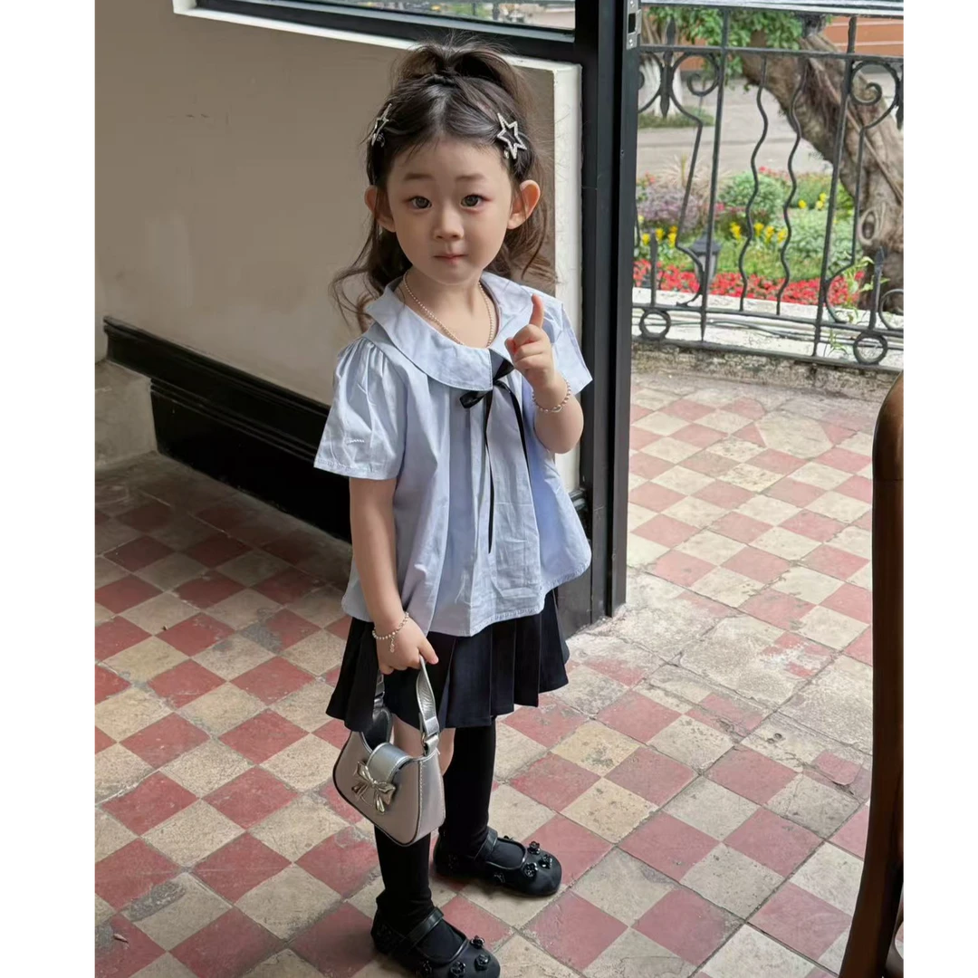2025新款春夏女童学院风百褶裙套装夏季短袖衬衫两件套洋气