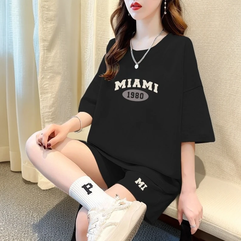 百搭运动休闲套装女装夏装学院网红短袖短裤宽松大码一整套外穿潮