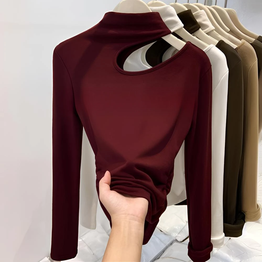 镂空半高领内搭长袖打底t恤女秋冬季新款修身辣妹加绒打底衫上衣