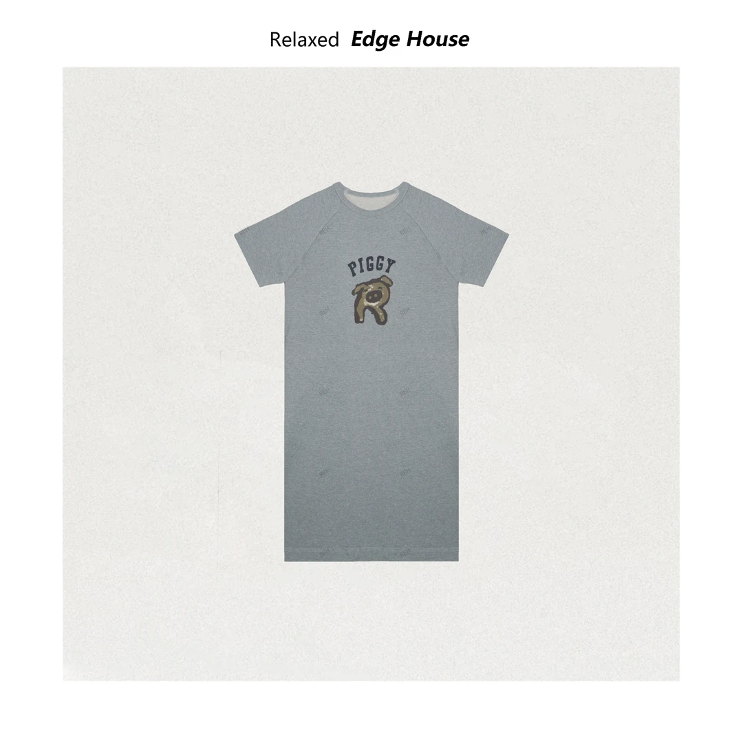 【哈哈家】小灰猪 精致懒人裙下摆两侧开叉小猪印花圆领连衣裙 1375