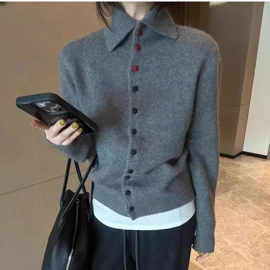 秋冬纽扣翻领羊毛开衫气质彩扣百搭外穿毛衣网红时尚显瘦针织开衫