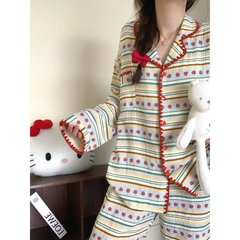 少女甜美可爱草莓条纹睡衣女士春秋季长袖长裤家居服2025新款套装