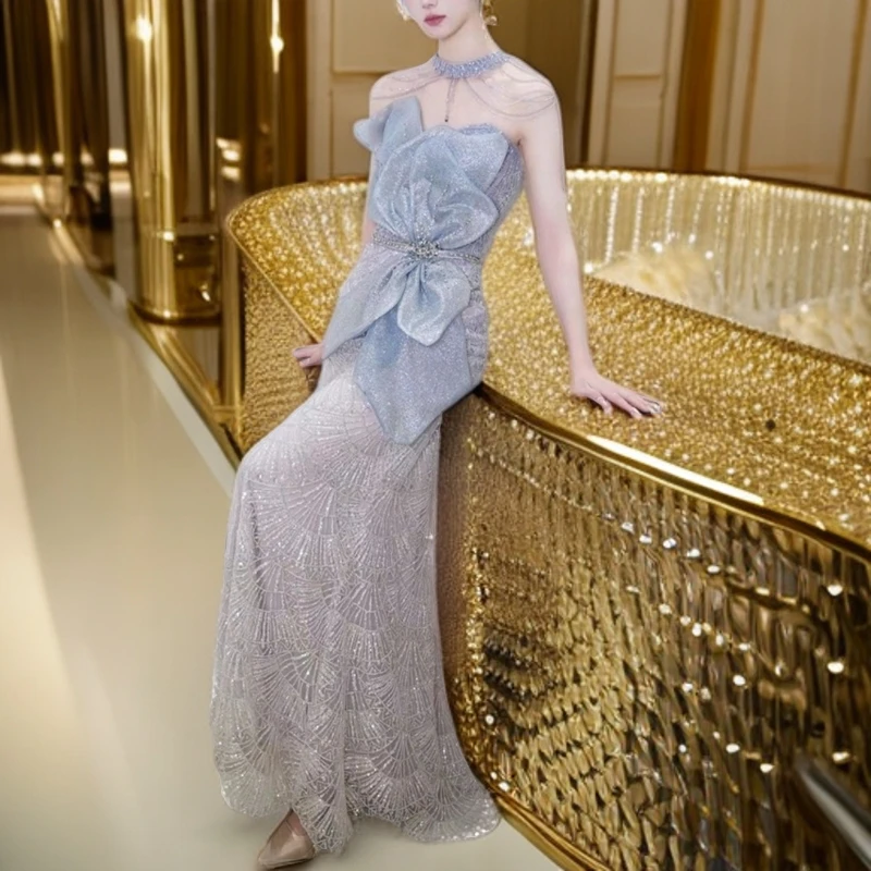 蓝色抹胸敬酒服新娘2025新款挂脖主持人宴会法式鱼尾亮片晚礼服