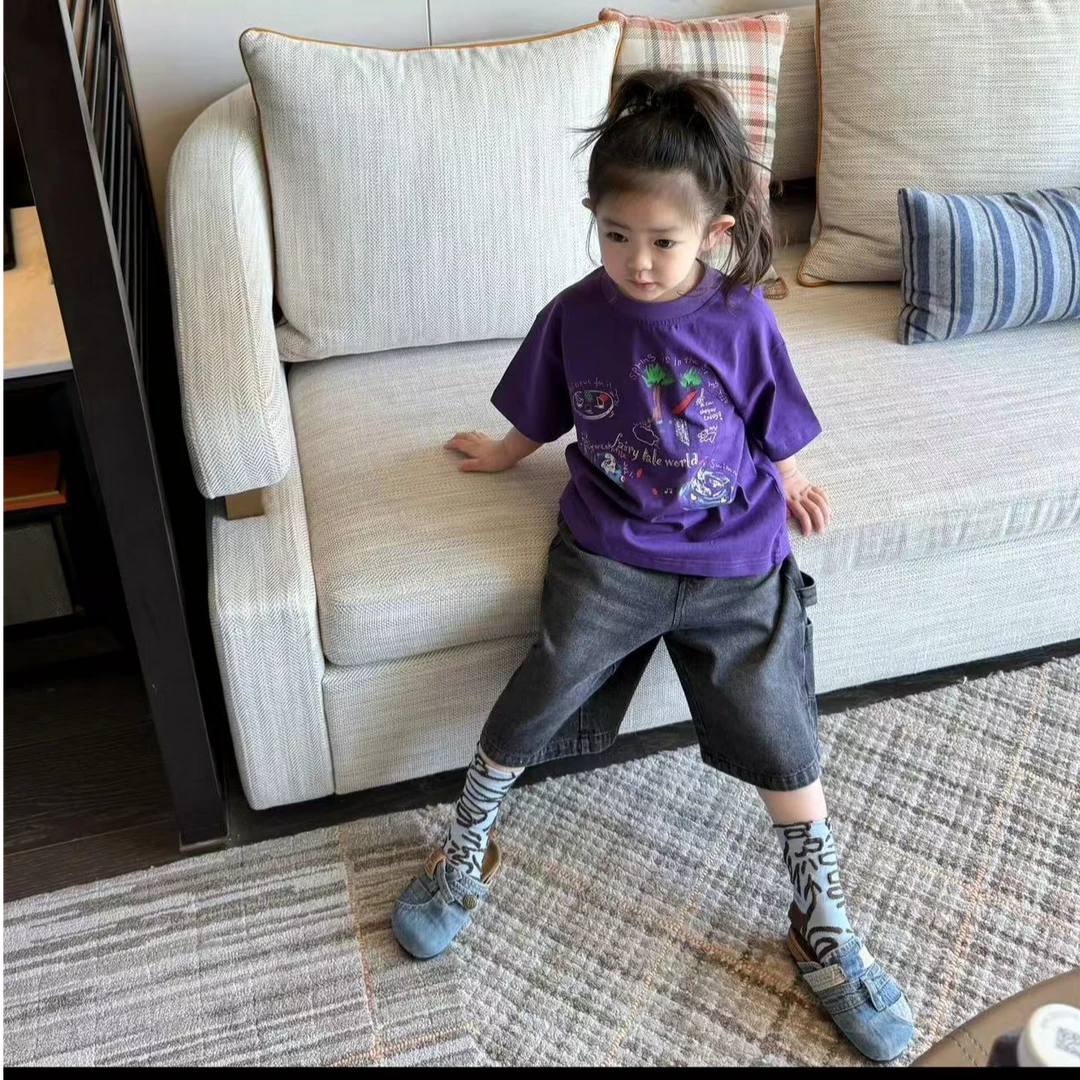 小惜亦女童夏季韩版套装儿童洋气紫色卡通短袖阔腿牛仔裤洋气童装