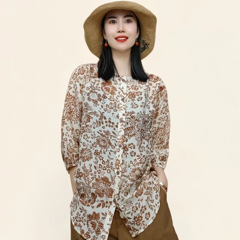 新款时尚气质休闲百搭洋气设计师款显瘦减龄衬衫女碎花衬衣长袖