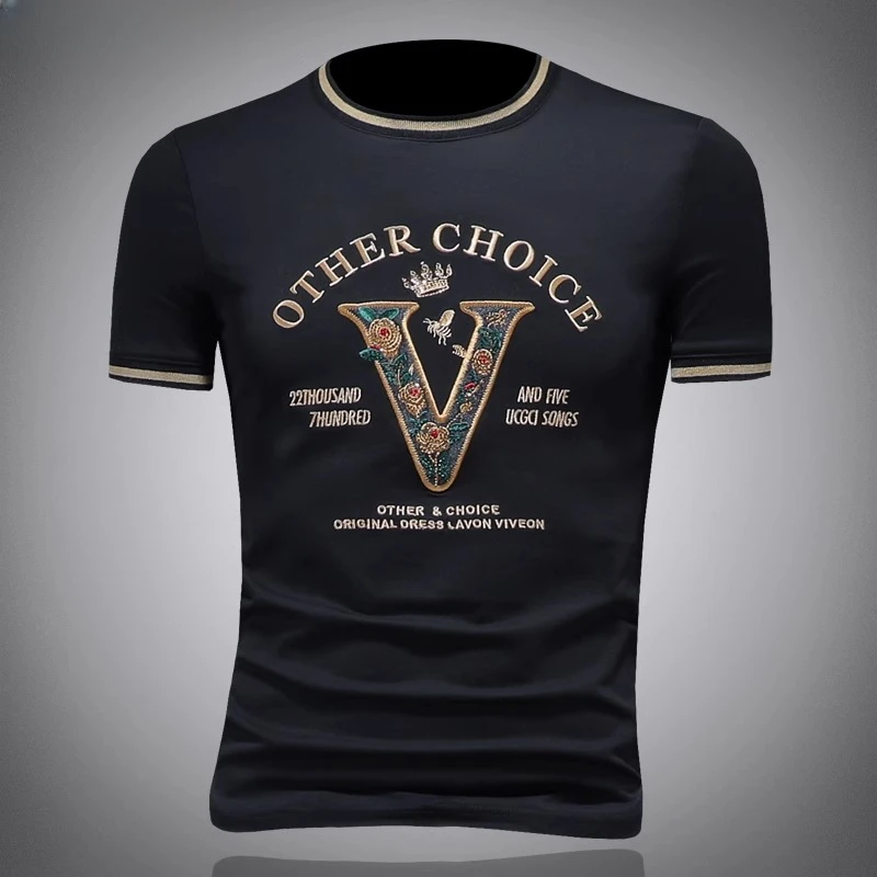 夏季短袖刺绣t恤男款字母欧货高端韩系修身丝光棉圆领半袖丅恤衫