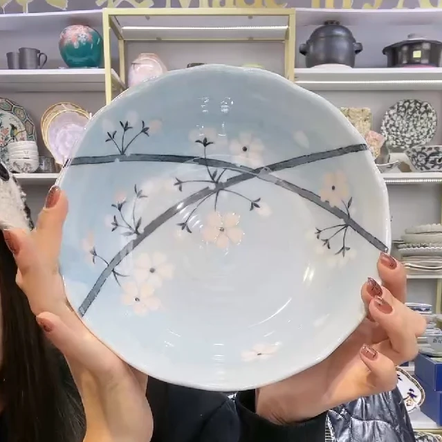 清仓火【单支】日本进口美浓烧淡墨蓝樱盛钵21cm