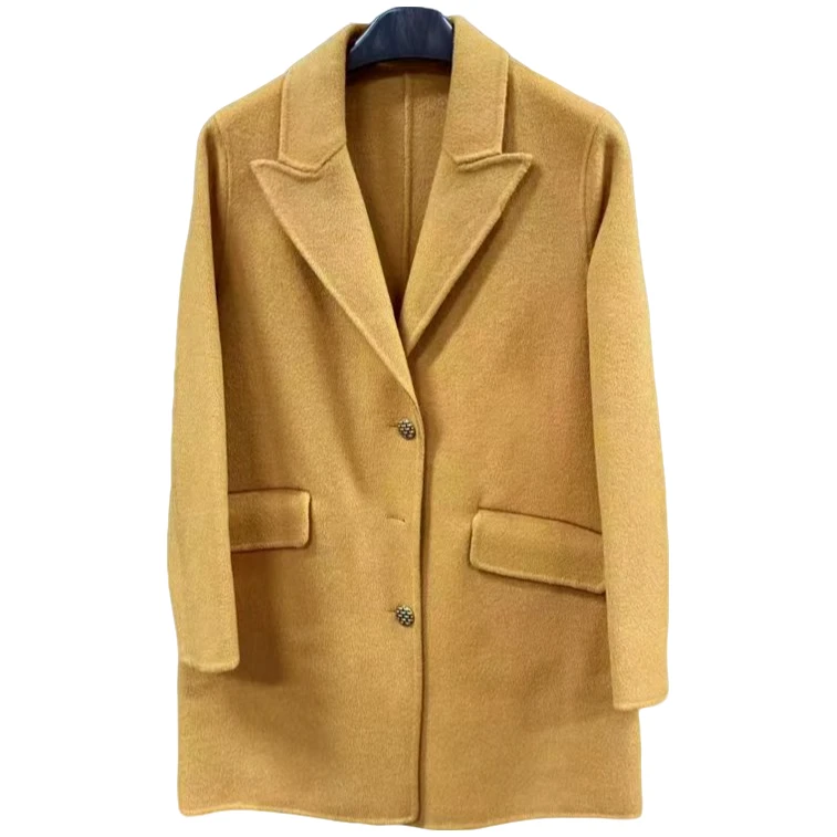 秋冬小个子中长款复古经典西装单排扣羊毛外套-W016