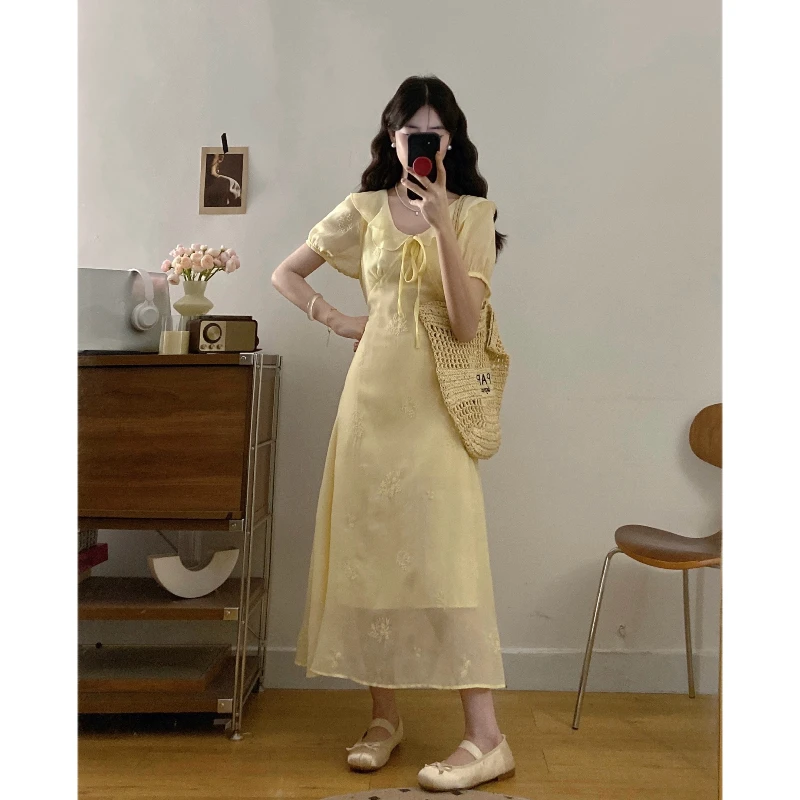 大码夏季新款时尚气质淑女刺绣荷叶领设计收腰系带连衣裙长裙子女