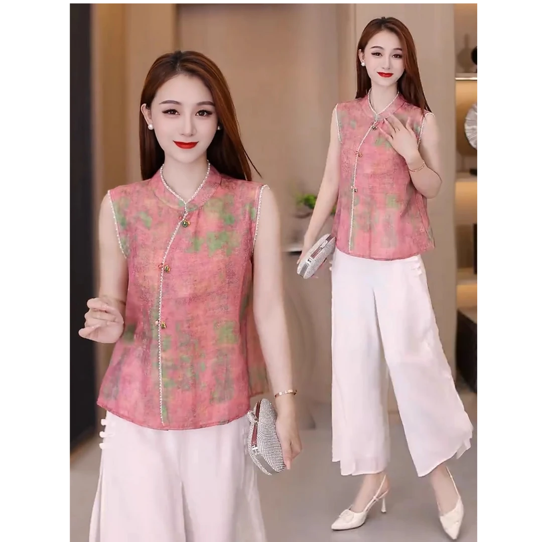 新中式国风套装女夏季新款设计感盘扣印花衬衫显瘦阔腿裤两件套潮